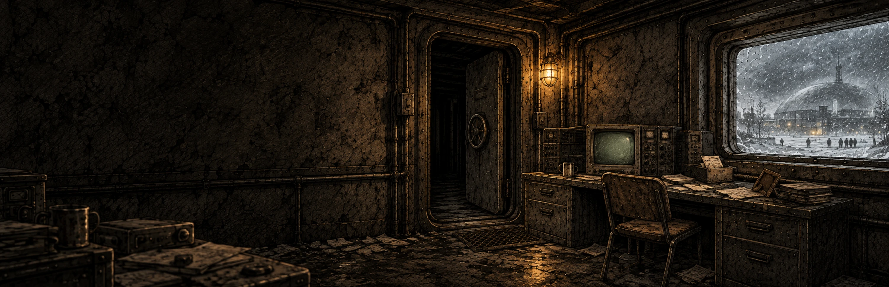 Reasoning key art: a dimly lit industrial room with a window overlooking a snowy landscape
